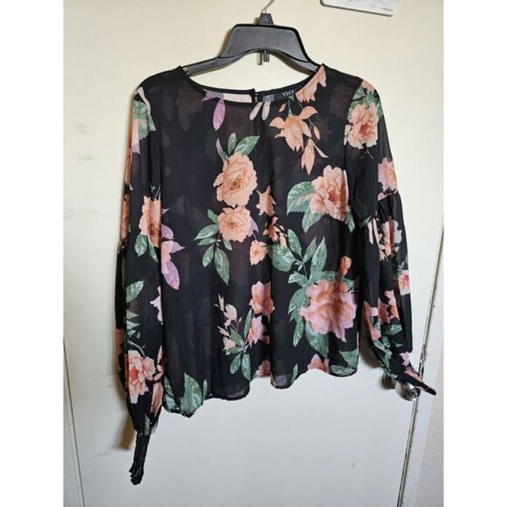 VICI Womens Small Black Pink Floral Balloon Sleeve V‎ Neck Pullover Blouse M
